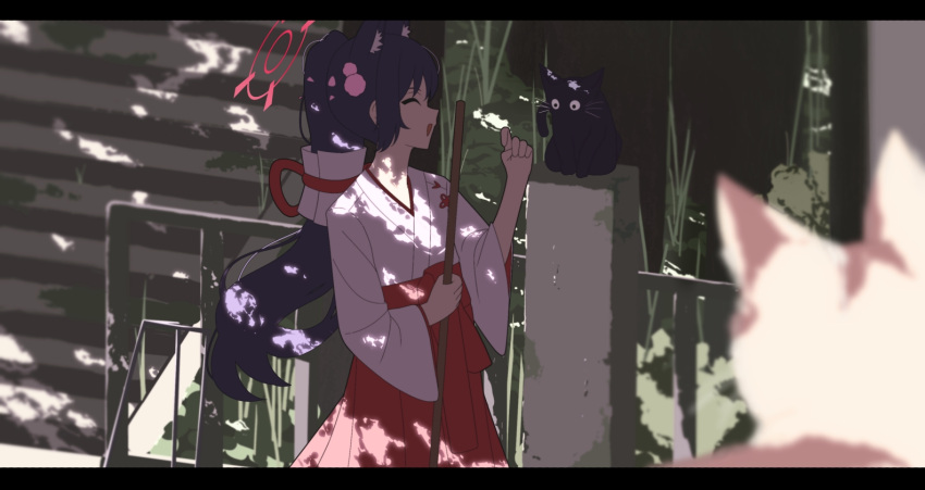 1girl animal_ear_fluff animal_ears black_cat black_hair blue_archive broom cat cat_ears closed_eyes commentary_request cowboy_shot dappled_sunlight detached_sleeves hair_tubes hakama hakama_skirt halo hand_up holding holding_broom japanese_clothes kimono letterboxed long_hair looking_at_animal miko official_alternate_costume open_mouth outdoors ponytail red_halo red_skirt serika_(blue_archive) serika_(new_year)_(blue_archive) skirt smile solo souken_(sukn_9765) stairs standing stone_stairs sunlight white_kimono wide_sleeves
