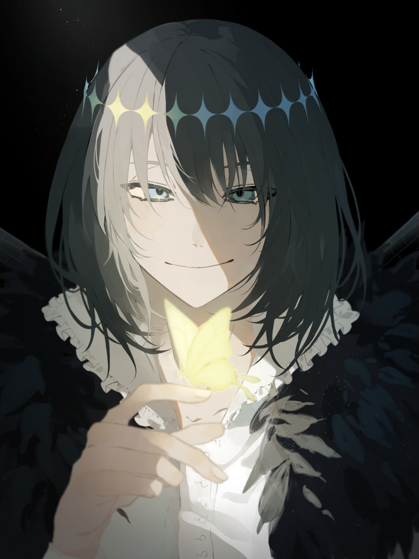 1boy absurdres bug butterfly butterfly_on_hand buttons closed_mouth diamond_hairband dress_shirt eyelashes fate/grand_order fate_(series) feathers fingernails frilled_shirt_collar frills grey_eyes grey_hair highres male_focus nostrils oberon_(fate) oberon_(third_ascension)_(fate) romo827 shirt short_hair smile solo upper_body