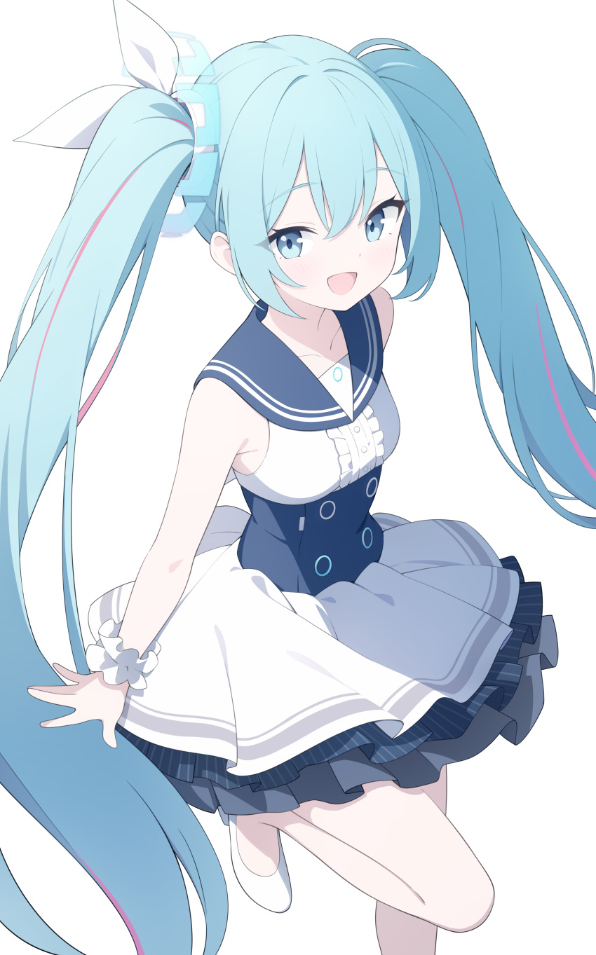 1girl :d absurdres bare_shoulders blue_archive blue_eyes blue_hair blue_sailor_collar breasts center_frills commentary_request dress frills hair_between_eyes hair_ribbon hatsune_miku highres jyt long_hair looking_at_viewer multicolored_hair pink_hair ribbon sailor_collar sailor_dress shoes simple_background sleeveless sleeveless_dress small_breasts smile solo standing standing_on_one_leg streaked_hair twintails very_long_hair white_background white_dress white_footwear white_ribbon wrist_cuffs