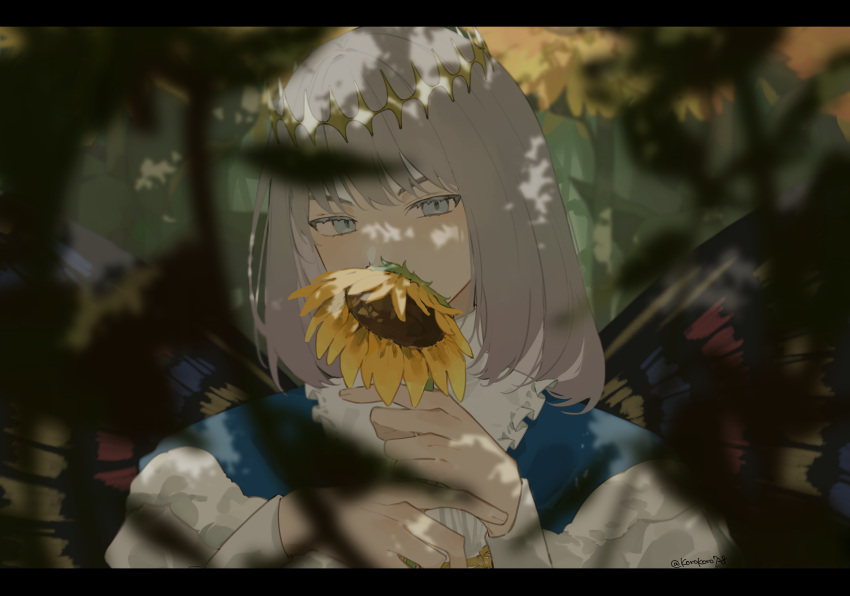 1boy absurdres blue_cape butterfly_wings cape diamond_hairband eyelashes fate/grand_order fate_(series) flower grey_eyes grey_hair highres holding holding_flower letterboxed long_sleeves male_focus oberon_(fate) outdoors romo827 short_hair solo sunflower twitter_username upper_body wings yellow_flower