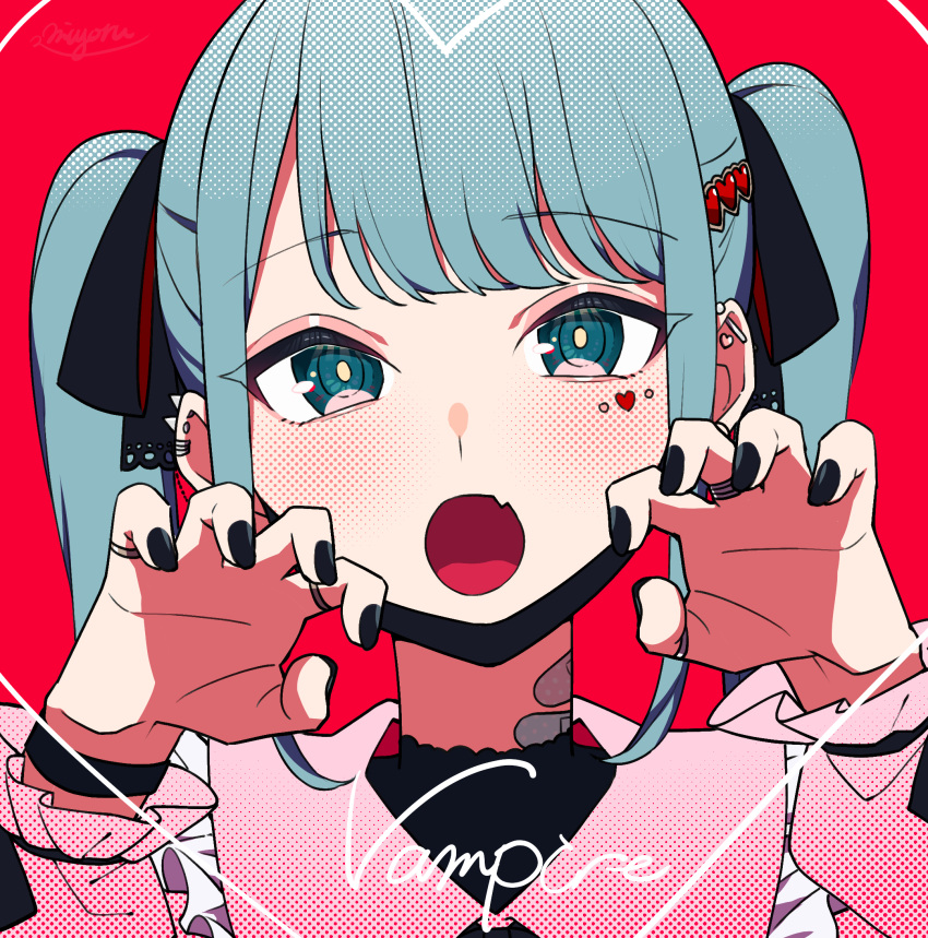 :o aqua_eyes aqua_hair bandaid bandaid_on_neck black_nails black_ribbon blouse blush claw_pose commentary_request ear_piercing english_text fang framed frilled_shirt frills hair_ornament hair_ribbon hairclip halftone hatsune_miku heart heart_hair_ornament highres jewelry looking_at_viewer mask mouth_mask multiple_rings nail_polish odd_(miyoru) open_mouth piercing pink_shirt portrait red_background ribbon ring shirt sidelocks simple_background skin_fang song_name sticker_on_face twintails vampire_(vocaloid) vocaloid