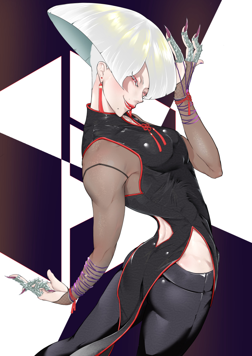 1girl a.k.i._(street_fighter) absurdres arched_back ass back_cutout black_dress black_pants breasts bridal_gauntlets china_dress chinese_clothes claw_ring clothing_cutout commentary_request dress earrings eyelashes fingernails hair_over_one_eye highres hip_vent jewelry kureshi_(hannzi) medium_breasts mole mole_above_mouth mole_under_mouth multiple_moles one_eye_closed pale_skin pants purple_nails red_eyes red_lips sharp_fingernails sheer_gloves solo street_fighter street_fighter_6 tassel tassel_earrings tight_clothes tight_pants white_hair