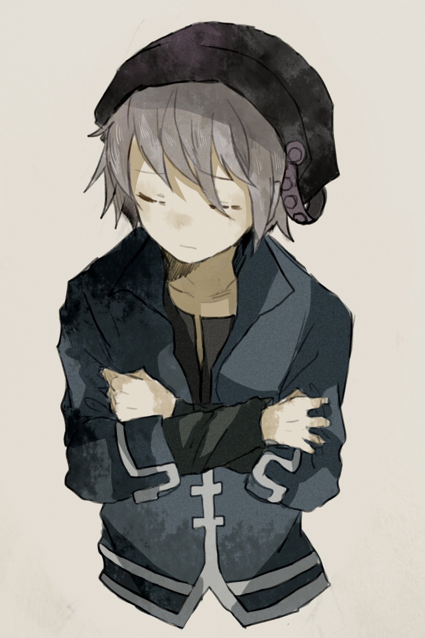 1boy absurdres alicemare black_headwear black_shirt blue_jacket chastity2011 closed_eyes closed_mouth clothing_request facing_viewer grey_hair hand_on_own_chest highres jacket joshua_bartlett long_sleeves male_focus shirt short_hair sketch solo
