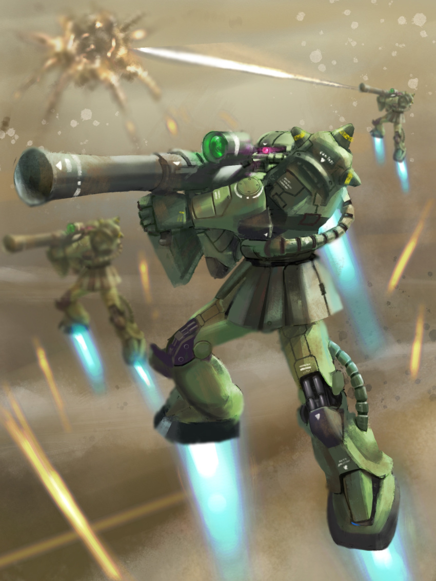 aiming battle bazooka_(gundam) benchue cable clouds contrail english_commentary explosion firing flying gundam highres hose mecha mobile_suit mobile_suit_gundam no_humans robot science_fiction scope shoulder_spikes spikes thrusters tube zaku zaku_ii zeon