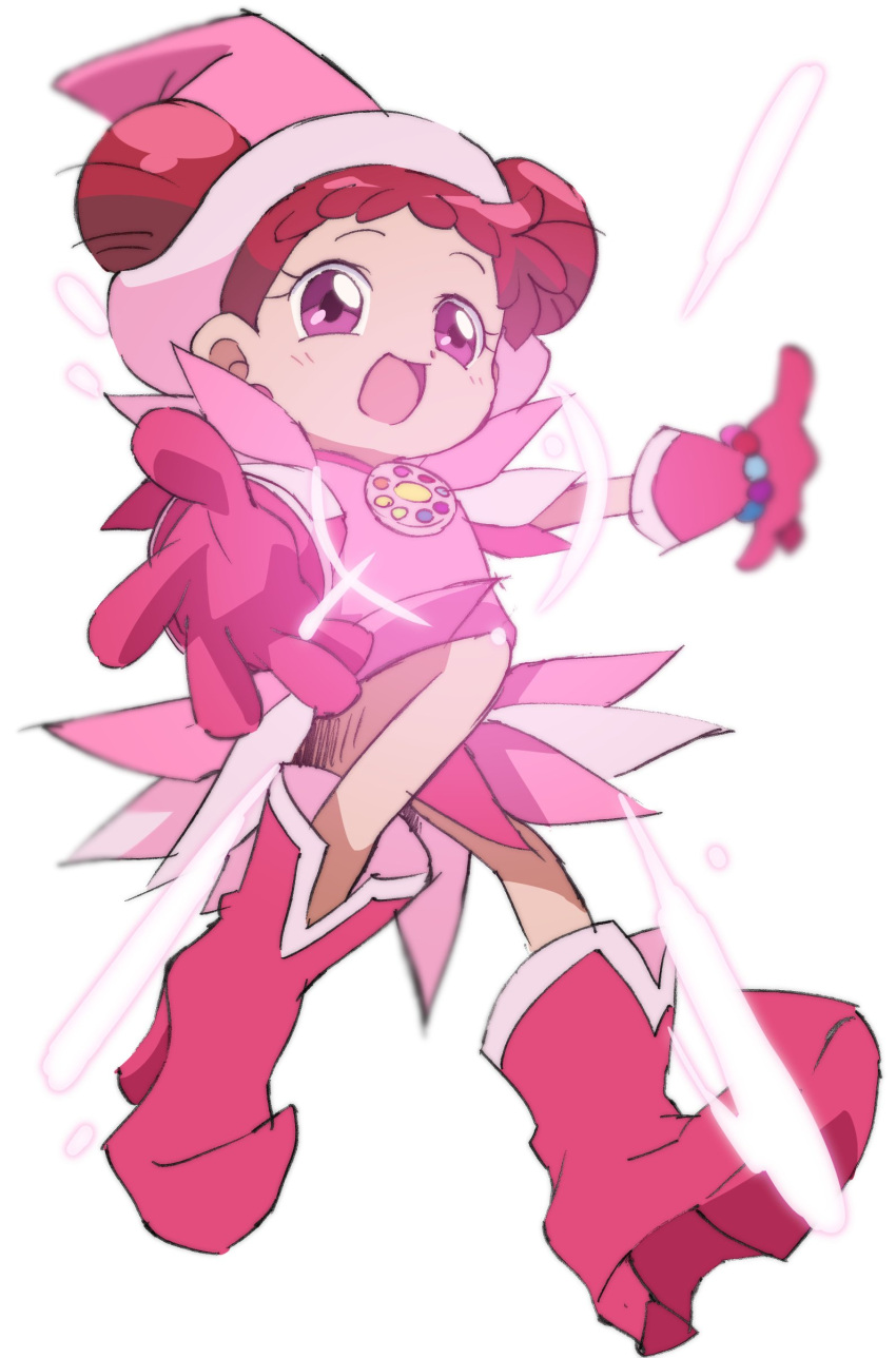 1girl :d absurdres boots commentary_request double_bun dress edamame_(buruburu) full_body gloves glowing hair_bun harukaze_doremi hat highres looking_at_viewer magical_girl ojamajo_doremi open_mouth outstretched_arms pink_dress pink_eyes pink_footwear pink_gloves pink_headwear pointy_footwear redhead short_hair simple_background smile solo standing white_background witch_hat