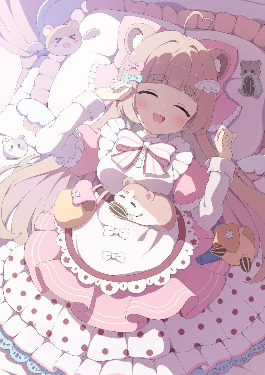 1girl animal_ear_fluff animal_ears bag blunt_bangs blush bow breasts brown_hair closed_eyes commission dress frills from_above hair_bow hair_ornament hairpin hamster hamster_ears hamster_girl highres long_hair long_sleeves looking_at_viewer lying medium_breasts on_back one_eye_closed open_mouth original pink_dress puffy_sleeves shoulder_bag sidelocks skeb_commission smile solo thick_eyebrows tyakomes