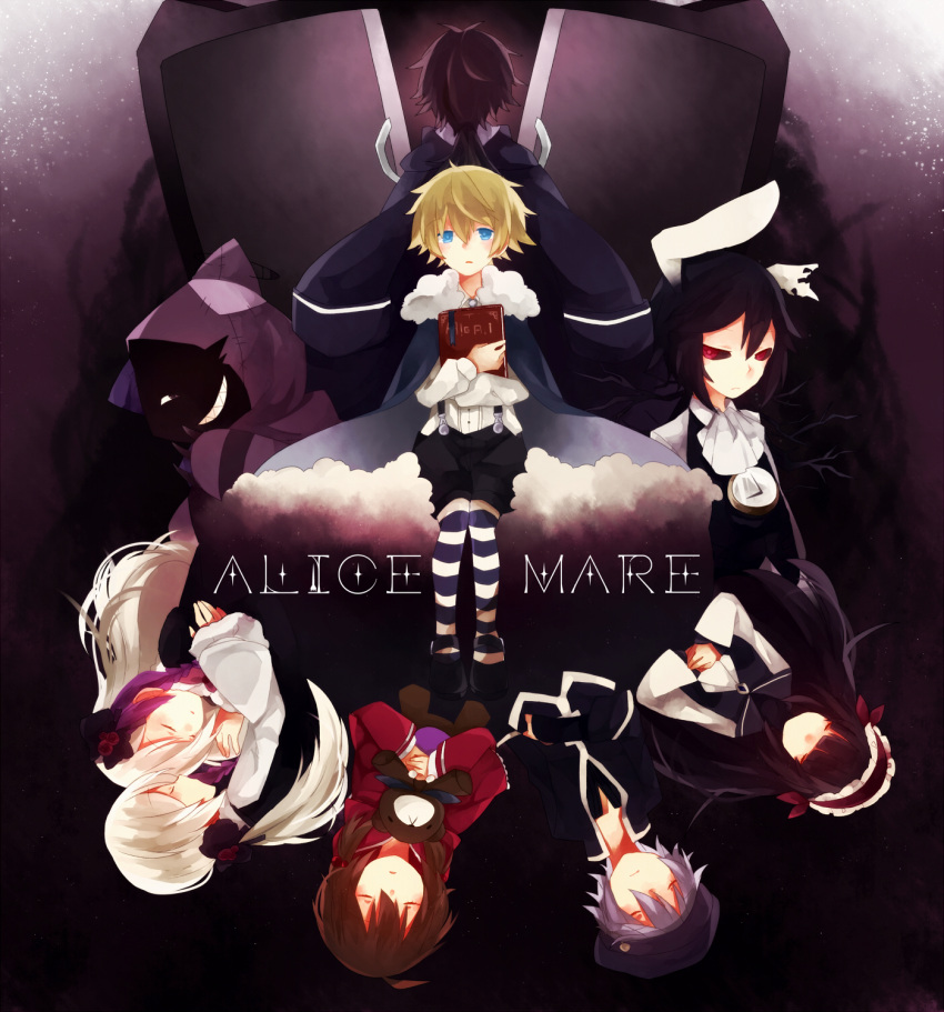 3girls 6+boys alicemare allen_llewellyn black_hair black_sclera blonde_hair book brown_hair cat_boy chelsy_reevis cheshire_cat_(alicemare) colored_sclera copyright_name full_body highres holding holding_book joshua_bartlett letty_amery multicolored_hair multiple_boys multiple_girls ponita purple_hair rabbit_boy red_eyes redhead rick_amery sensei_(alicemare) stella_northrop white_rabbit_(alicemare)