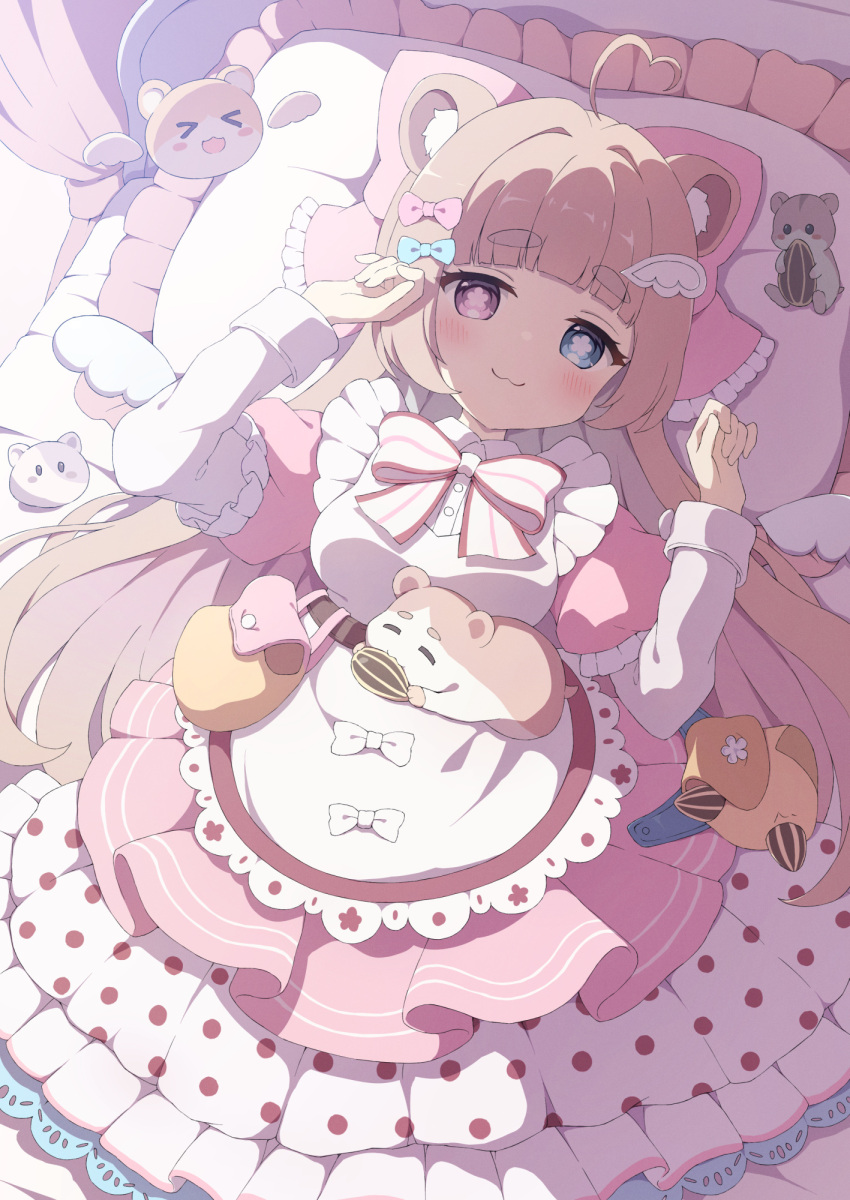1girl animal_ear_fluff animal_ears bag blue_eyes blunt_bangs blush bow breasts brown_hair commission dress flower-shaped_pupils frills from_above hair_bow hair_ornament hairpin hamster hamster_ears hamster_girl heterochromia highres long_hair long_sleeves looking_at_viewer lying medium_breasts on_back original pink_dress pink_eyes puffy_sleeves shoulder_bag sidelocks skeb_commission solo symbol-shaped_pupils tyakomes