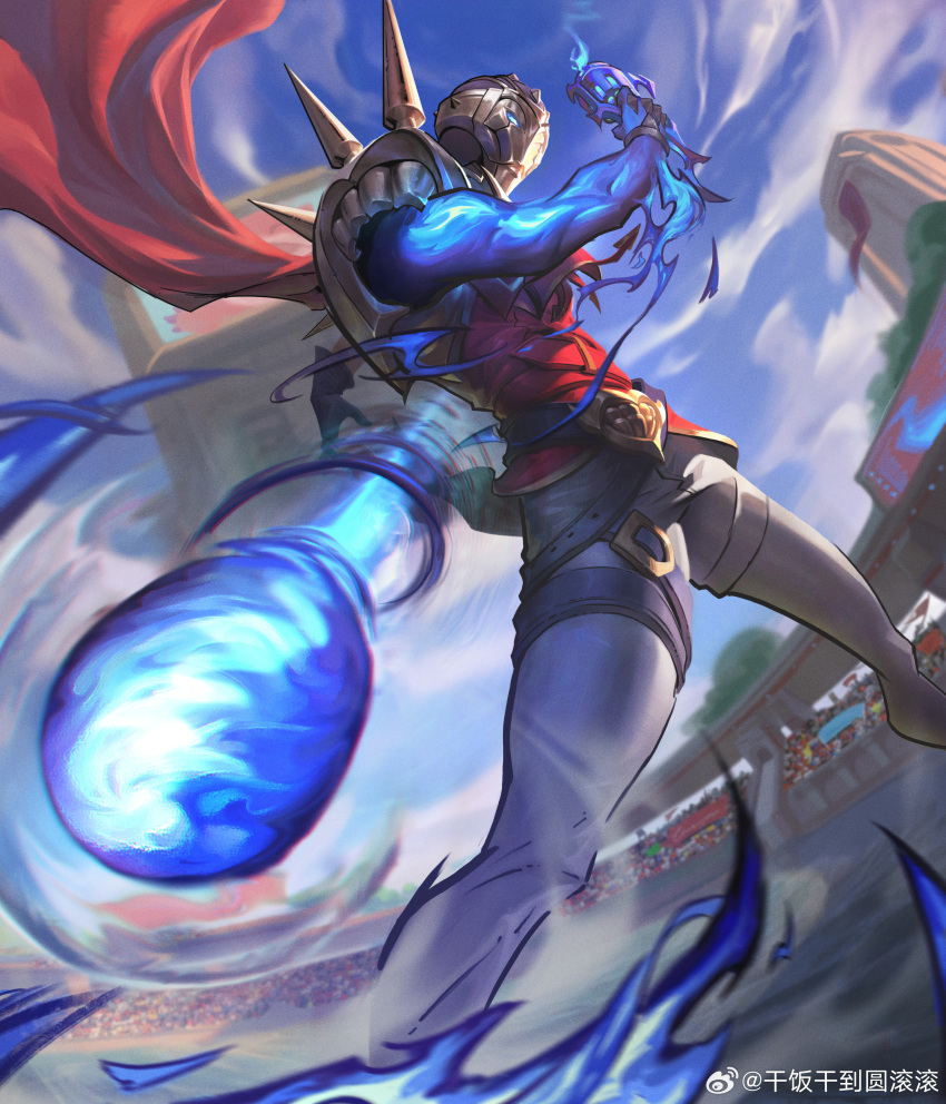 1boy absurdres arena belt black_belt blue_eyes bush cape clouds cloudy_sky colored_skin dust feet_out_of_frame firing full_body glowing glowing_arm glowing_eye glowing_hand gun highres holding holding_gun holding_weapon jhin league_of_legends male_focus mask official_alternate_costume official_alternate_hairstyle pants people pigubu red_cape red_shirt shirt sky solo_focus soul_fighter_jhin standing weapon white_pants