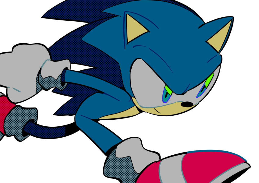 1boy animal_nose blue_eyes blue_fur clenched_hand closed_mouth furry furry_male gloves hedgehog_boy hedgehog_ears highres male_focus menma_(enaic31) no_humans red_footwear running simple_background smile solo sonic_(series) sonic_the_hedgehog white_background white_gloves