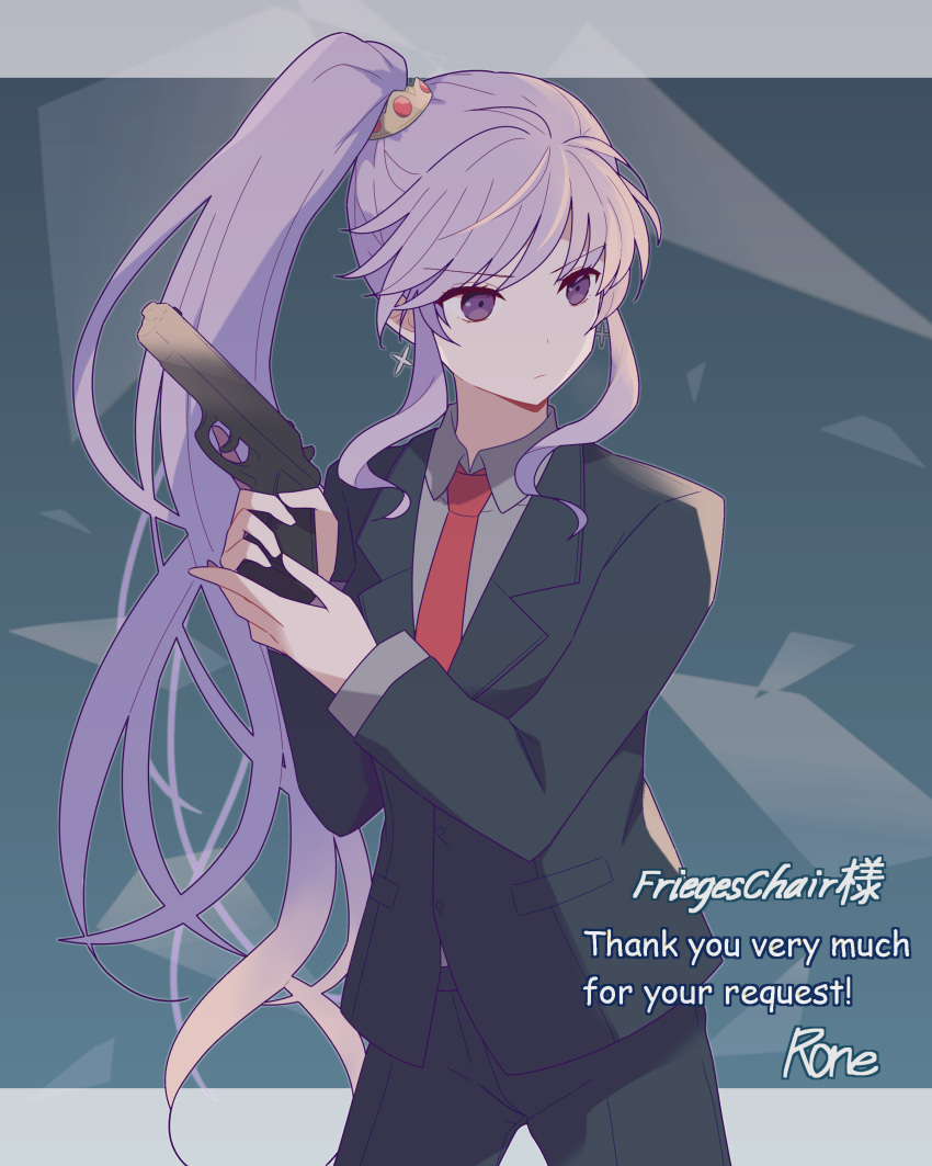 1girl 343rone absurdres commission commissioner_upload fire_emblem fire_emblem:_genealogy_of_the_holy_war gun hair_ornament highres holding holding_gun holding_weapon ishtar_(fire_emblem) jewelry long_hair necktie purple_hair skeb_commission solo suit very_long_hair violet_eyes watermark weapon
