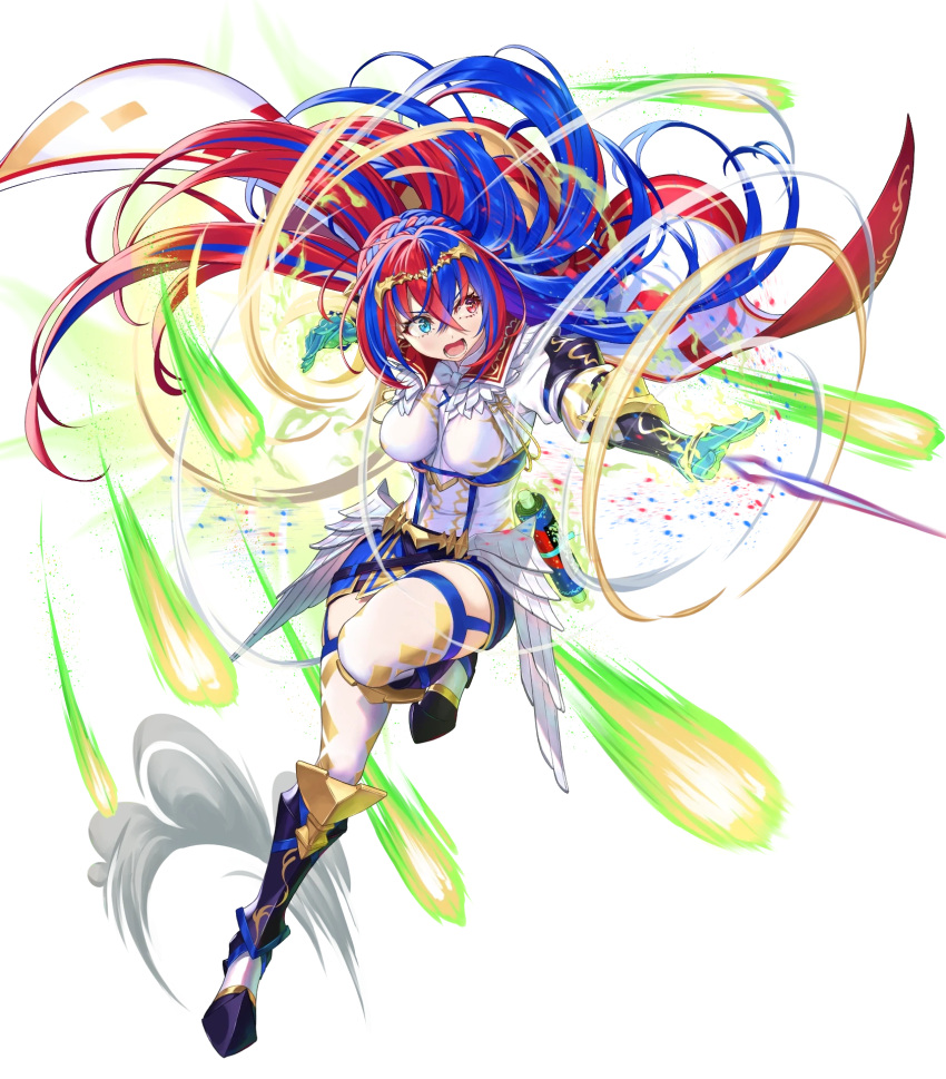 1girl alear_(female)_(fire_emblem) alear_(fire_emblem) armor armored_boots blue_eyes blue_hair boots breasts cape fire_emblem fire_emblem_engage fire_emblem_heroes full_body gauntlets gloves glowing gold_trim heterochromia highres jewelry knee_boots kousei_horiguchi leg_up long_hair long_sleeves medium_breasts multicolored_hair non-web_source official_art open_mouth pale_skin pelvic_curtain puffy_sleeves red_eyes redhead scroll skirt solo teeth thigh-highs tiara zettai_ryouiki