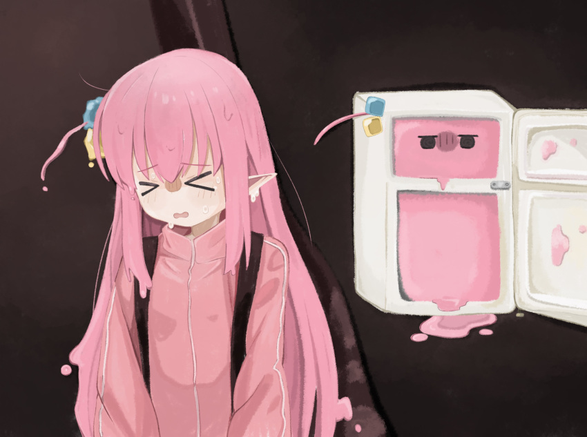 1girl absurdres bocchi_the_rock! cube_hair_ornament gotoh_hitori guitar hair_between_eyes hair_ornament highres instrument instrument_case jacket long_hair long_sleeves melting naaga_sonomono open_mouth pink_hair pink_jacket pink_track_suit refrigerator side_ahoge simple_background solo track_jacket
