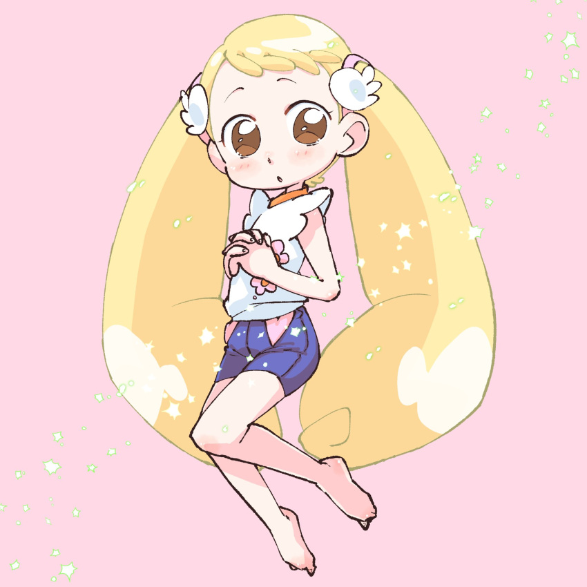 1girl barefoot blonde_hair blue_shorts blush brown_eyes commentary_request floral_print full_body highres long_hair looking_at_viewer makihatayama_hana ojamajo_doremi own_hands_together pink_background rapisu shirt shorts solo twintails very_long_hair white_shirt wing_hair_ornament