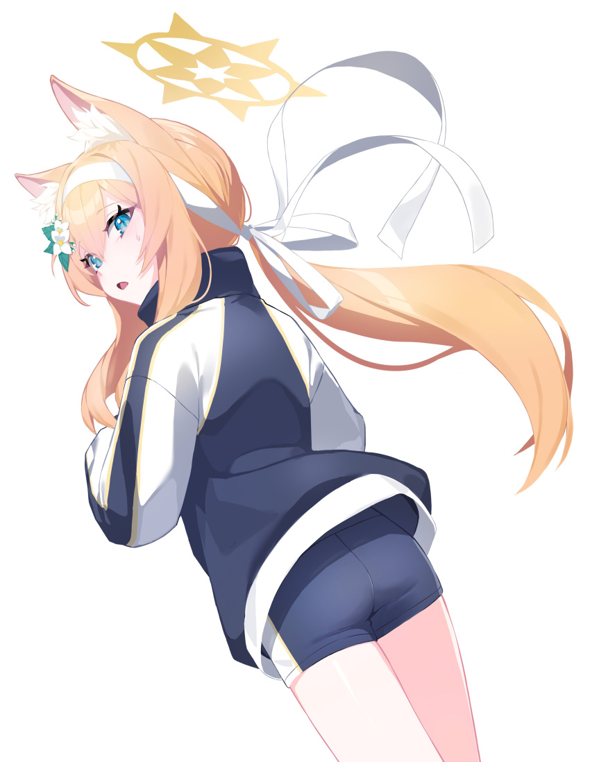 1girl absurdres animal_ear_fluff animal_ears ass back black_shorts blue_archive blue_eyes cat_ears cat_girl commentary_request flower from_behind gym_shorts gym_uniform hair_between_eyes hair_flower hair_ornament halo head_tilt headband highres honi_(honi1010) jacket long_hair long_sleeves looking_at_viewer looking_back low_ponytail mari_(blue_archive) mari_(track)_(blue_archive) official_alternate_costume official_alternate_hairstyle orange_hair parted_lips short_shorts shorts sidelocks simple_background solo surprised sweatdrop track_jacket white_background wind
