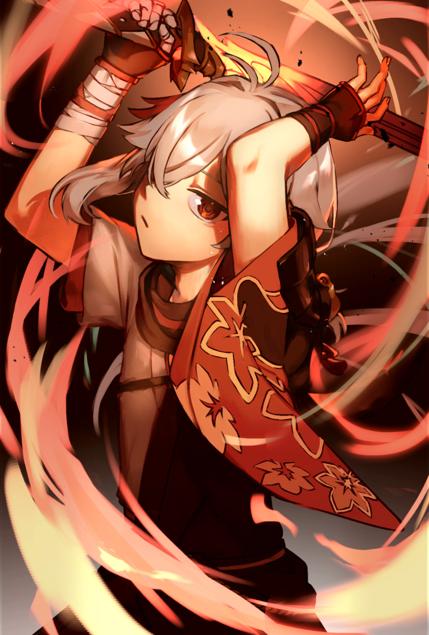 1boy armor arms_up bandaged_arm bandaged_hand bandages closed_mouth fingerless_gloves genshin_impact gloves grey_hair hair_between_eyes hair_over_one_eye highres holding holding_sword holding_weapon japanese_armor japanese_clothes kaedehara_kazuha leaf_print looking_at_viewer male_focus red_eyes redhead solo sword weapon wide_sleeves yamimumemo