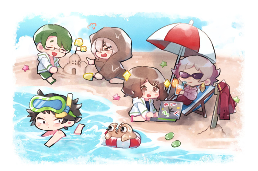 2girls 3boys bandage_over_one_eye bandages beach beach_chair beach_umbrella black_eyes black_hair bongy_(limbus_company) branch brown_eyes brown_hair clouds coat collar commentary computer cup dongbaek_(limbus_company) dongrang_(limbus_company) drinking_straw earrings flip-flops food fruit glass green_hair hair_ornament hairclip highres holding holding_cup innertube jewelry lab_coat laptop lemon limbus_company maru_(rabbitpotion) multiple_boys multiple_girls niko_(limbus_company) petals pink_hair project_moon raincoat red_coat samjo_(limbus_company) sand sandals shovel shrenne_(limbus_company) snorkel starfish sticker sunglasses topless_male umbrella water wet white_hair