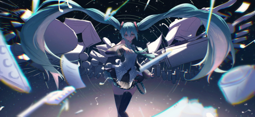1girl absurdres aoi-_(yooseina) bare_shoulders belt black_skirt black_sleeves black_thighhighs blue_eyes blue_hair blue_necktie chromatic_aberration closed_mouth collared_shirt detached_sleeves feet_out_of_frame floating_hair frilled_shirt frills hair_between_eyes hatsune_miku hatsune_miku_happy_16th_birthday_-dear_creators- highres legs_together long_hair long_sleeves looking_at_viewer loose_belt necktie piano_keys pleated_skirt shirt sidelocks sketchbook skirt sleeveless sleeveless_shirt smile solo star_trail thigh-highs thighs tie_clip very_long_hair vocaloid white_shirt zettai_ryouiki