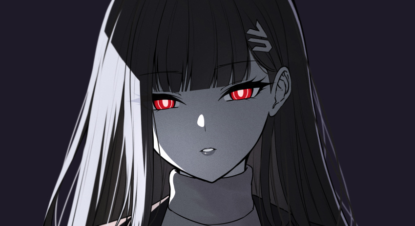 1girl black_background blue_archive blunt_bangs greyscale hair_ornament hairclip highres long_hair looking_at_viewer monochrome parted_lips red_eyes reia_76 rio_(blue_archive) turtleneck upper_body