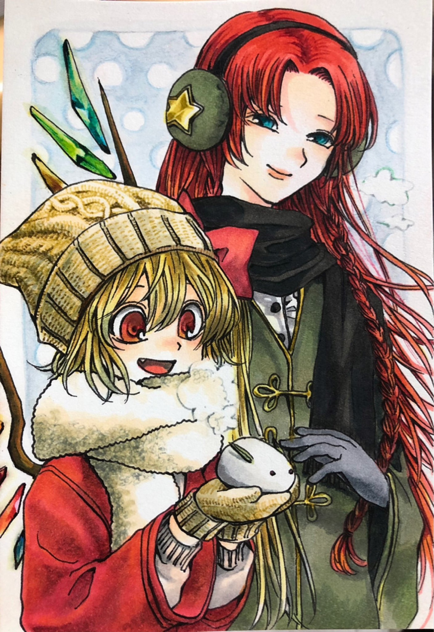 2girls :d alternate_costume beanie black_scarf blonde_hair blue_eyes bow braid breath coat earmuffs fang flandre_scarlet gloves green_coat grey_gloves hair_between_eyes hair_bow hair_intakes hat highres holding hong_meiling konnyakutarooou long_hair long_sleeves mittens multiple_girls open_mouth red_bow red_coat red_eyes redhead scarf smile snow_rabbit star_(symbol) touhou traditional_media very_long_hair white_scarf wings winter_clothes yellow_headwear yellow_mittens