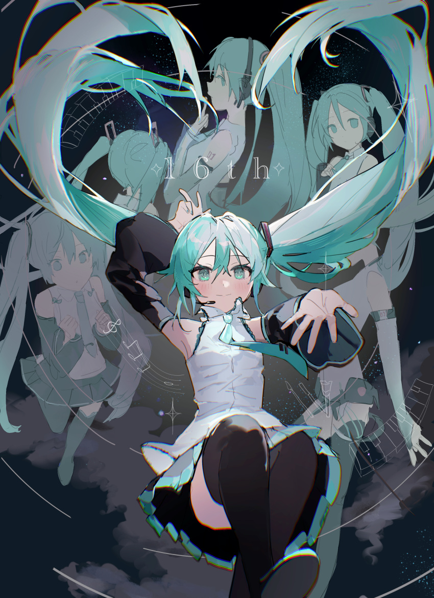 1girl absurdres aqua_eyes aqua_hair aqua_necktie arm_up bare_shoulders black_skirt black_thighhighs blush boots closed_mouth collared_shirt commentary detached_sleeves floating floating_hair hair_between_eyes hatsune_miku highres long_hair long_sleeves looking_at_viewer multiple_views necktie pleated_skirt pye_(uzkv3777) reaching reaching_towards_viewer shirt skirt sleeveless sleeveless_shirt smile thigh-highs thigh_boots tie_clip twintails very_long_hair vocaloid white_shirt