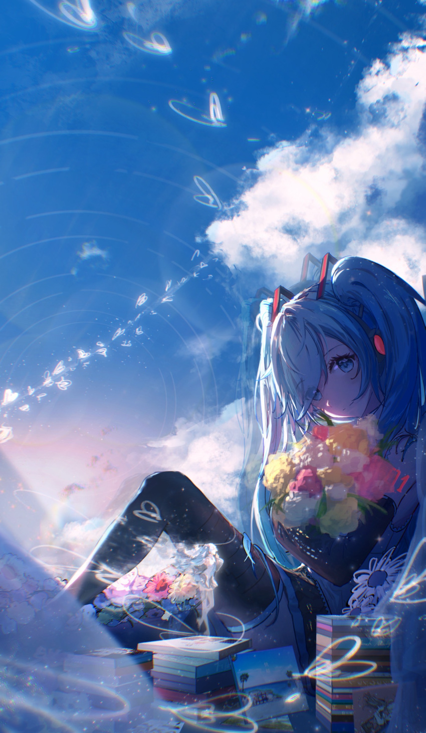 1girl aoi-_(yooseina) bare_shoulders black_skirt black_thighhighs blue_eyes blue_hair blue_sky bouquet bug butterfly cd_case closed_mouth clouds cloudy_sky commentary curtains detached_sleeves dusk english_commentary evening eyes_visible_through_hair feet_out_of_frame flower from_side hair_over_one_eye hatsune_miku headset highres holding holding_bouquet indoors knee_up long_hair long_sleeves looking_at_viewer number_tattoo pink_flower pleated_skirt reflection shirt sidelocks sitting skirt sky sleeveless sleeveless_shirt smile solo star_trail tattoo thigh-highs twintails very_long_hair vocaloid white_flower white_shirt window yellow_flower
