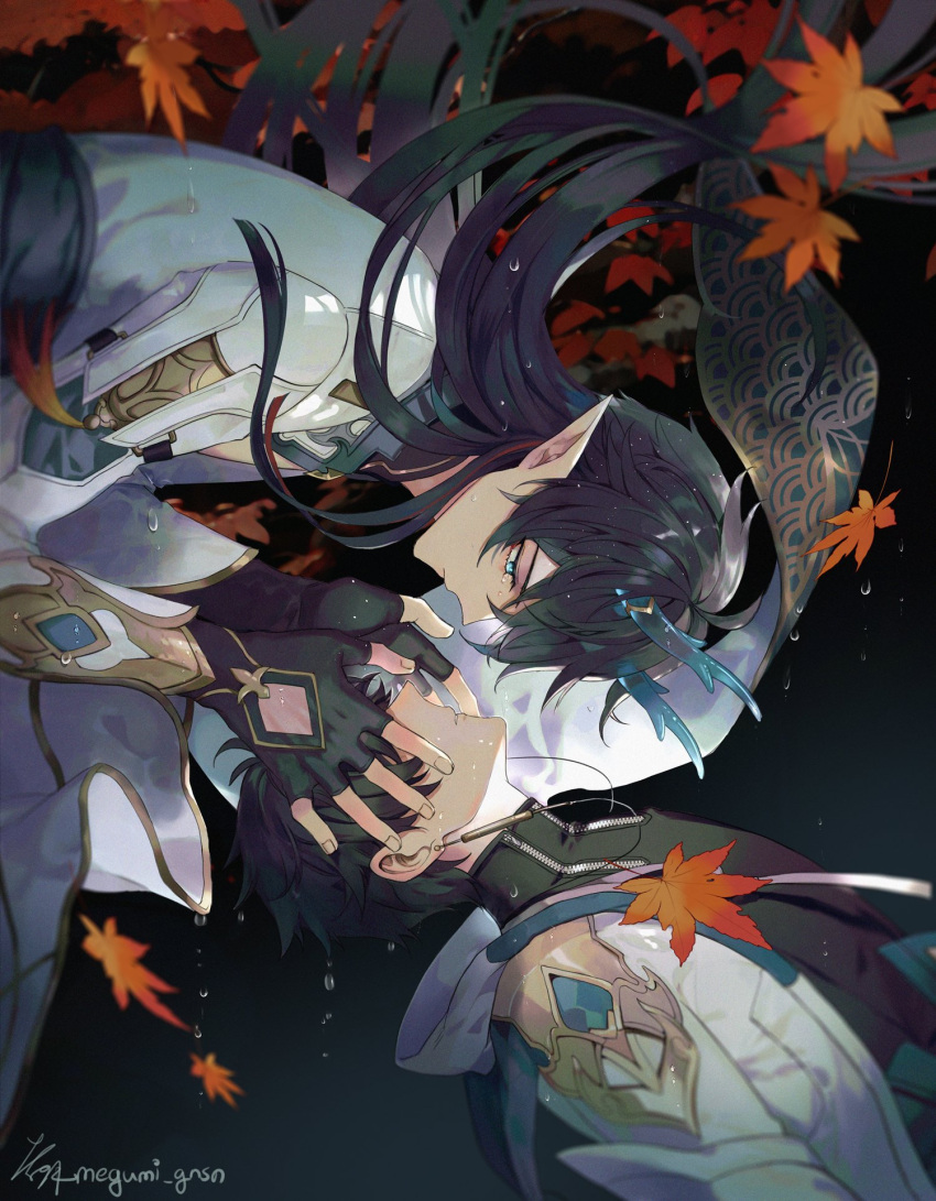 2boys aqua_eyes artist_name autumn_leaves black_gloves black_hair chinese_clothes dan_heng_(honkai:_star_rail) dan_heng_(imbibitor_lunae)_(honkai:_star_rail) dark_background dragon_boy dragon_horns eyeshadow fingerless_gloves gloves green_horns highres honkai:_star_rail honkai_(series) horns leaf long_hair long_sleeves looking_at_another makeup male_focus megumi_gnsn multiple_boys multiple_persona official_alternate_costume official_alternate_hairstyle parted_lips pointy_ears red_eyeliner red_eyeshadow short_hair signature tears traditional_clothes very_long_hair