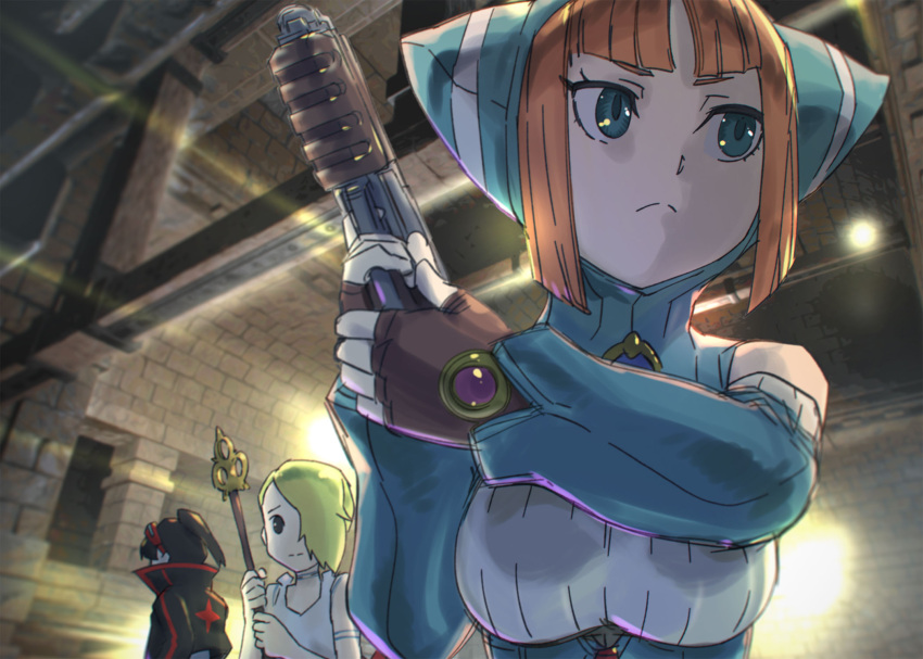 1boy 2girls animal_hood blue_eyes breasts breath_of_fire breath_of_fire_v cat_hood closed_mouth dress facial_mark gloves green_hair gun hair_over_one_eye highres hood jewelry lin_(breath_of_fire) multiple_girls nina_(breath_of_fire_v) orange_hair red_wings ryuu_(breath_of_fire_v) short_hair ueyama_michirou weapon white_dress wings