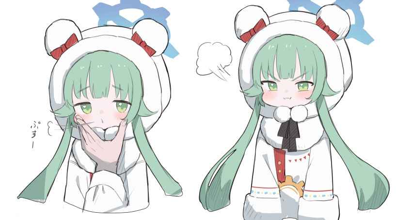 1boy 1girl :i =3 absurdres animal_hood blue_archive blush coat green_eyes green_hair halo haramaki_(haranomaki) highres hood hood_up long_hair long_sleeves looking_at_viewer momiji_(blue_archive) multiple_views parted_lips pom_pom_(clothes) pout shirt simple_background solo_focus upper_body white_background white_coat white_shirt