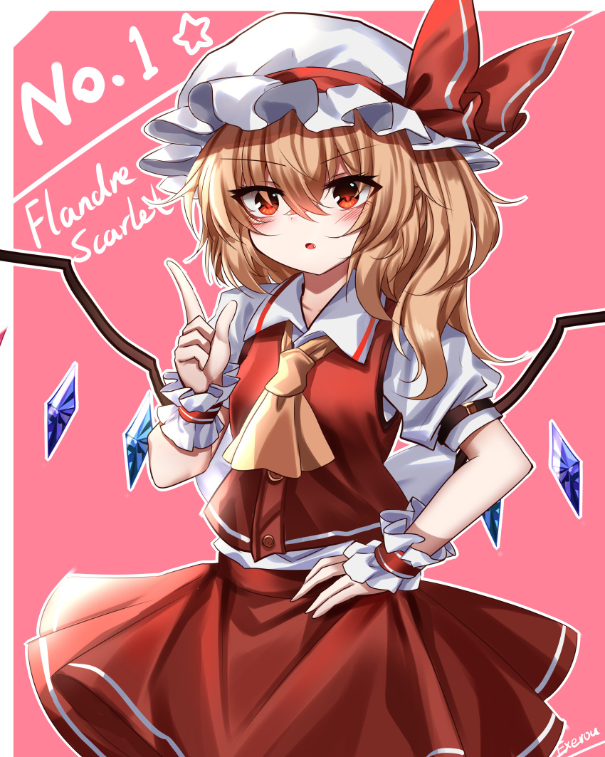 1girl absurdres ascot blonde_hair character_name commentary crystal flandre_scarlet hat hat_ribbon highres index_finger_raised looking_at_viewer medium_hair mob_cap one_side_up pink_background red_eyes red_ribbon red_skirt red_vest ribbon shirt short_sleeves signature simple_background skirt solo star_(symbol) top-exerou touhou variant_set vest white_headwear white_shirt wings yellow_ascot