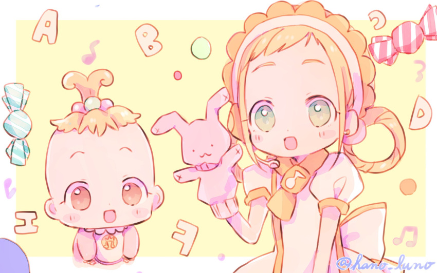 2girls :d asuka_momoko blonde_hair blush candy commentary dress food green_eyes hair_bobbles hair_ornament hair_rings hand_puppet hand_up hano_luno headset highres long_hair makihatayama_hana multiple_girls musical_note ojamajo_doremi open_mouth puffy_short_sleeves puffy_sleeves puppet scarf short_sleeves smile stuffed_animal stuffed_rabbit stuffed_toy symbol-only_commentary twitter_username white_dress yellow_eyes yellow_scarf