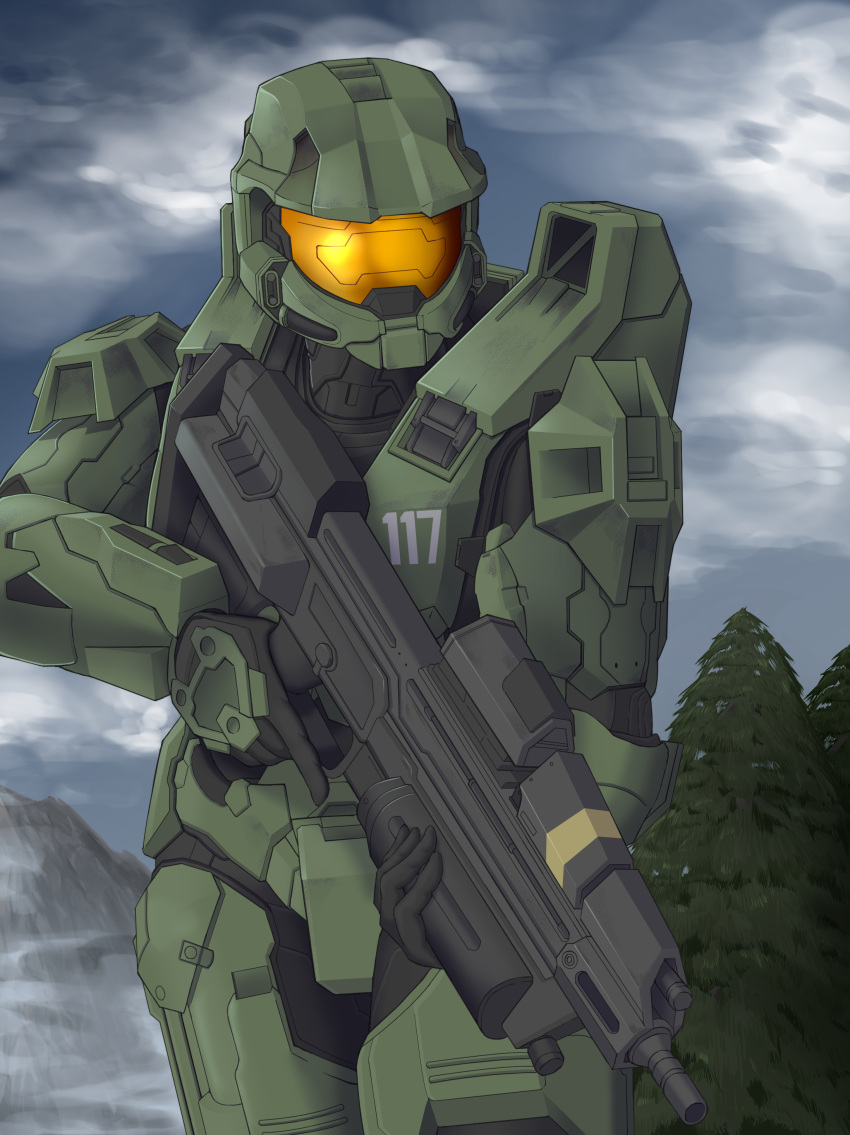 1boy absurdres assault_rifle black_gloves bullpup clouds gloves gun halo_(series) highres holding holding_gun holding_weapon ma5 male_focus master_chief mountain power_armor rifle sky solo spartan_(halo) tome_itou tree trigger_discipline weapon