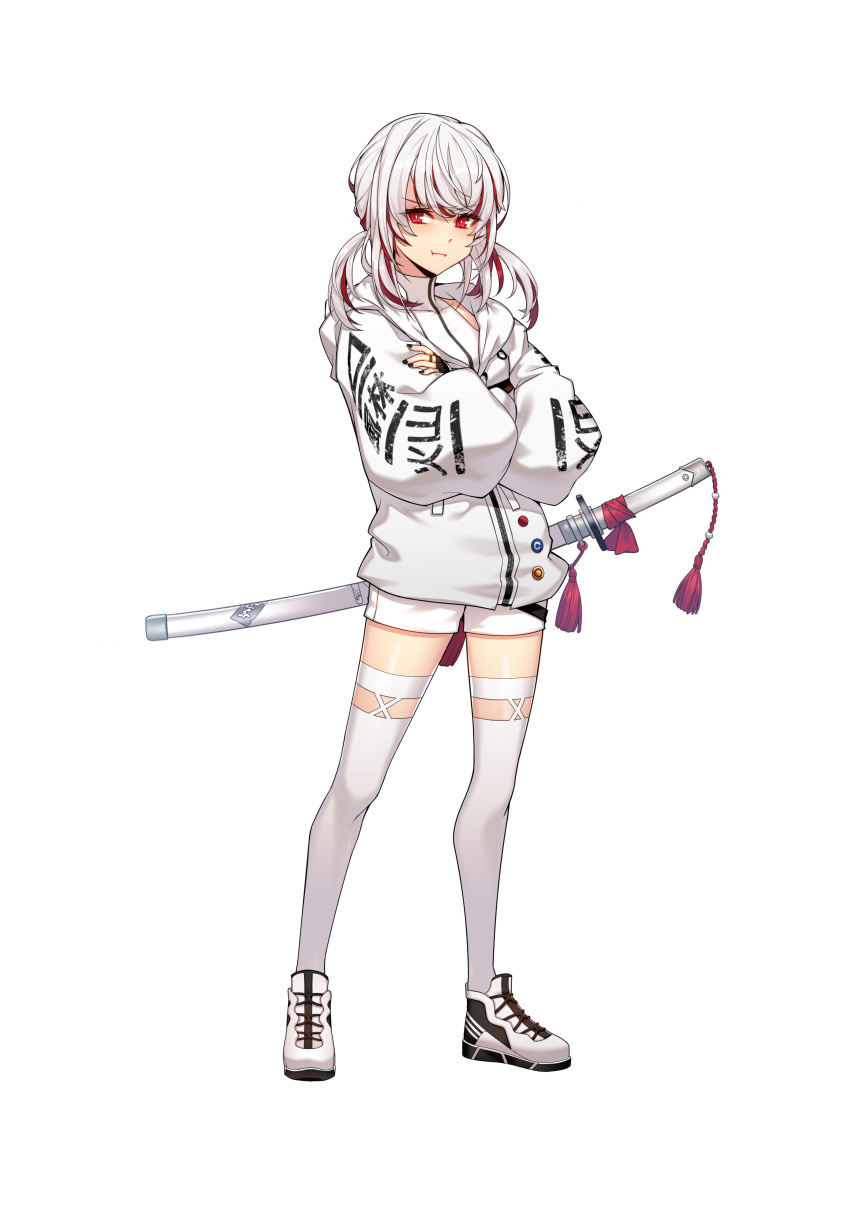 1girl :t absurdres alternate_hair_color angry black_gloves black_nails closers clothes_writing crossed_arms fingerless_gloves full_body gloves highres hood hood_down hooded_jacket jacket katana legs_apart long_sleeves looking_at_viewer low_twintails medium_hair multicolored_hair official_art puffy_long_sleeves puffy_sleeves red_eyes redhead seth_(closers) sheath sheathed shirt shoes short_shorts shorts sidelocks sneakers solo standing streaked_hair sword tachi-e tassel thigh-highs twintails v-shaped_eyebrows weapon white_background white_footwear white_hair white_jacket white_shirt white_shorts white_thighhighs