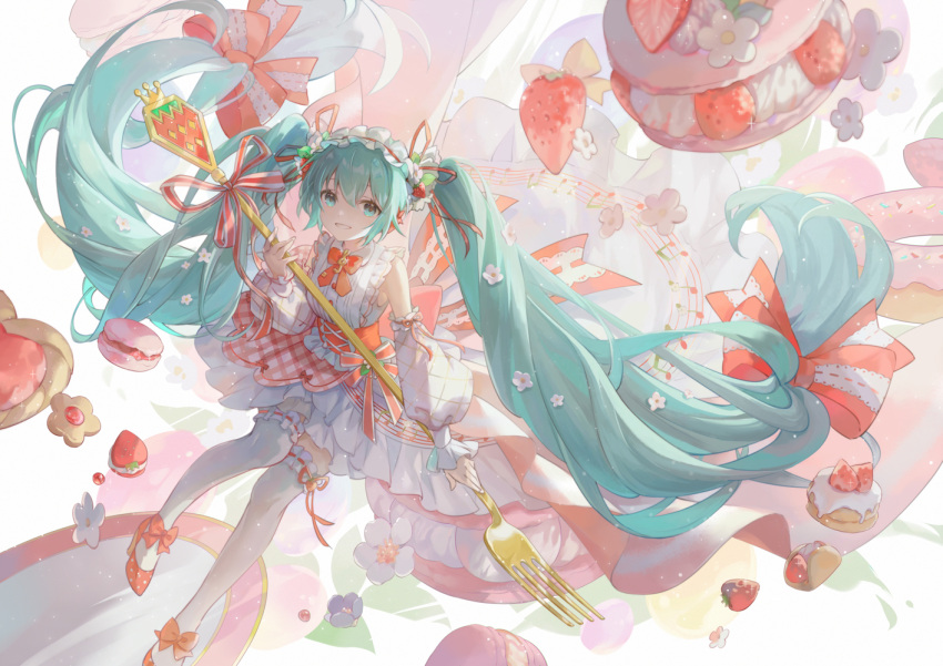 1girl :d blue_eyes blue_hair bow bowtie cookie floating floating_hair flower food fork frilled_shirt frilled_skirt frills fruit full_body grin hair_between_eyes hair_bow hatsune_miku high_heels holding holding_fork legwear_garter long_hair looking_at_viewer macaron open_mouth ouu_min oversized_object red_bow red_bowtie red_footwear shirt sidelocks skirt sleeveless sleeveless_shirt smile solo strawberry strawberry_miku_(morikura) teeth thigh-highs twintails very_long_hair vocaloid white_flower white_shirt white_skirt white_thighhighs