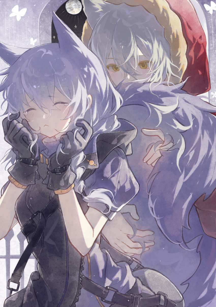2girls absurdres animal_ears arknights belt_bag black_gloves black_vest blush braid closed_eyes coat commentary_request extra_ears fur-trimmed_coat fur_trim gloves grey_hair hands_framing_own_cheeks highres hooded_coat hugging_another's_tail hugging_tail long_hair multiple_girls projekt_red_(arknights) provence_(arknights) purple_hair purple_shirt red_coat scared shanzhamei23687 shirt short_sleeves side_braid single_braid tail tearing_up upper_body vest wolf_ears wolf_girl wolf_tail yellow_eyes