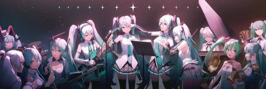 6+girls absurdres aqua_eyes aqua_nails aqua_necktie black_skirt black_thighhighs closed_eyes commentary_request cowboy_shot detached_sleeves dress electric_guitar guitar hand_on_own_hip hat hatsune_miku highres instrument long_hair looking_at_another ly.t microphone_stand multiple_girls music necktie playing_instrument pleated_skirt shirt skirt sleeveless sleeveless_shirt smile standing strapless strapless_dress thigh-highs tie_clip top_hat twintails very_long_hair vocaloid white_dress white_shirt