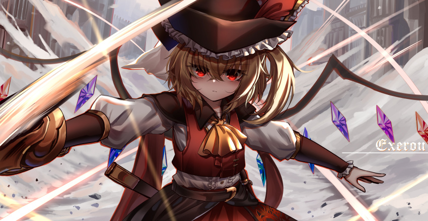 1girl absurdres ascot blonde_hair closed_mouth commentary_request crystal flandre_scarlet highres long_sleeves looking_at_viewer one_side_up outdoors red_eyes red_skirt red_vest shirt signature skirt solo top-exerou touhou vest white_shirt wings yellow_ascot