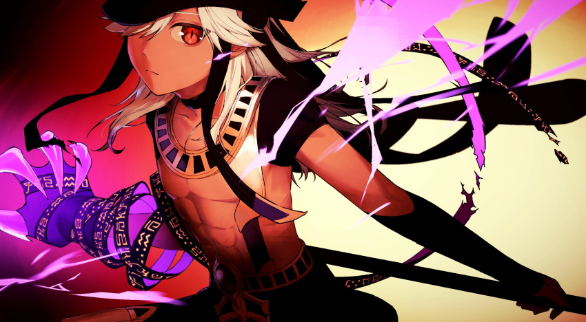 1boy abs black_choker black_headwear choker claws closed_mouth cyno_(genshin_impact) dark-skinned_male dark_skin egyptian_clothes electricity genshin_impact hair_over_one_eye hat highres holding holding_weapon long_hair looking_at_viewer male_focus red_eyes simple_background solo toned toned_male weapon white_hair yamimumemo