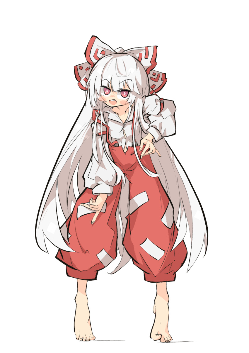 1girl barefoot blush bow collarbone collared_shirt fujiwara_no_mokou full_body hair_bow hand_on_own_hip highres leaning_forward long_hair long_sleeves looking_at_viewer one-hour_drawing_challenge open_mouth pants primsla puffy_long_sleeves puffy_pants puffy_sleeves red_bow red_eyes red_pants shirt sidelocks smile solo split_mouth standing suspenders teeth tiptoes touhou upper_teeth_only very_long_hair white_bow white_hair white_shirt