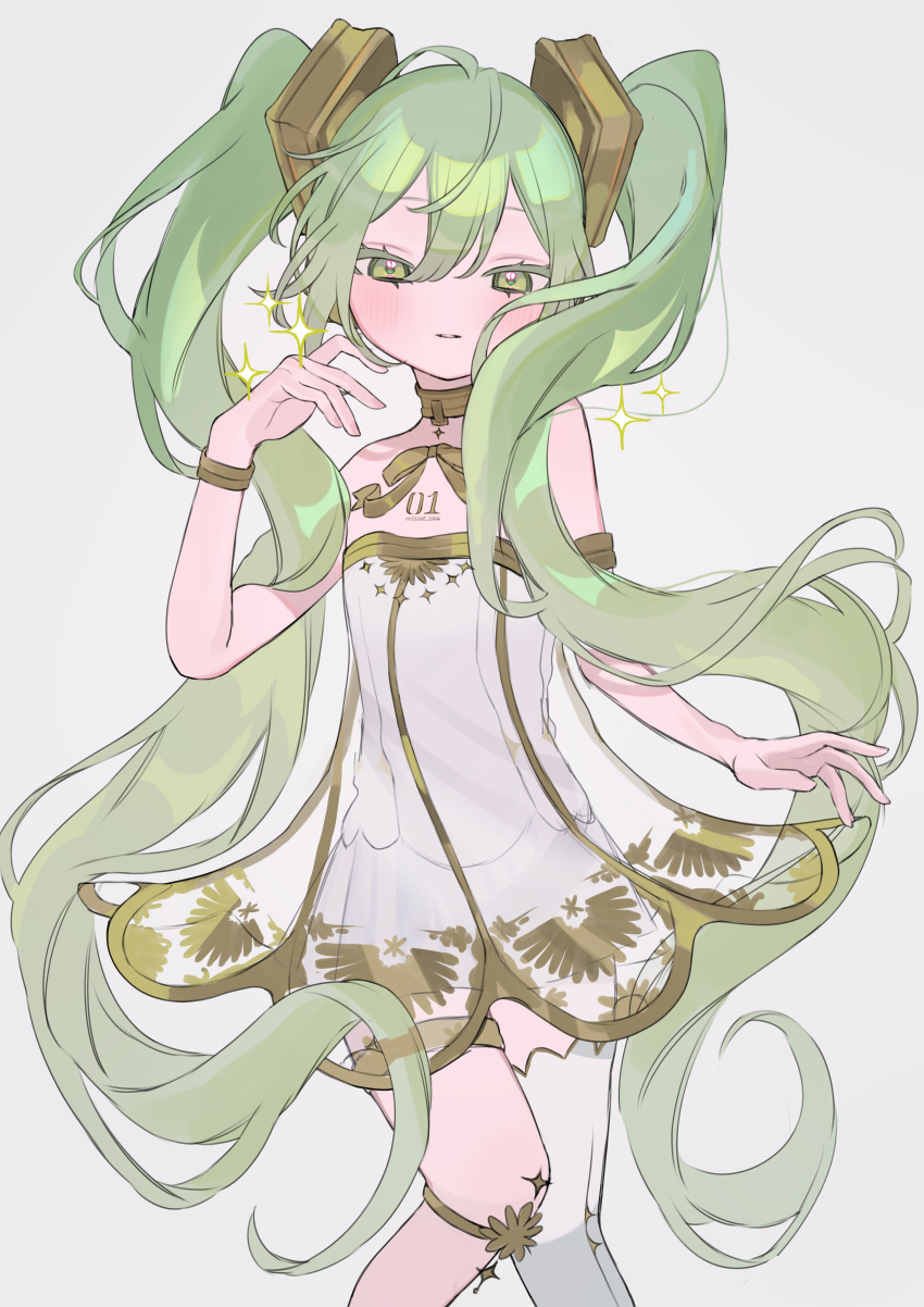 1girl absurdres bare_shoulders blush dress flat_chest gramophone_miku green_eyes green_hair grey_background hakudaku hatsune_miku highres light_smile long_hair looking_at_viewer miku_symphony_(vocaloid) parted_lips see-through see-through_dress simple_background single_thighhigh solo sparkle strapless strapless_dress thigh-highs twintails very_long_hair vocaloid