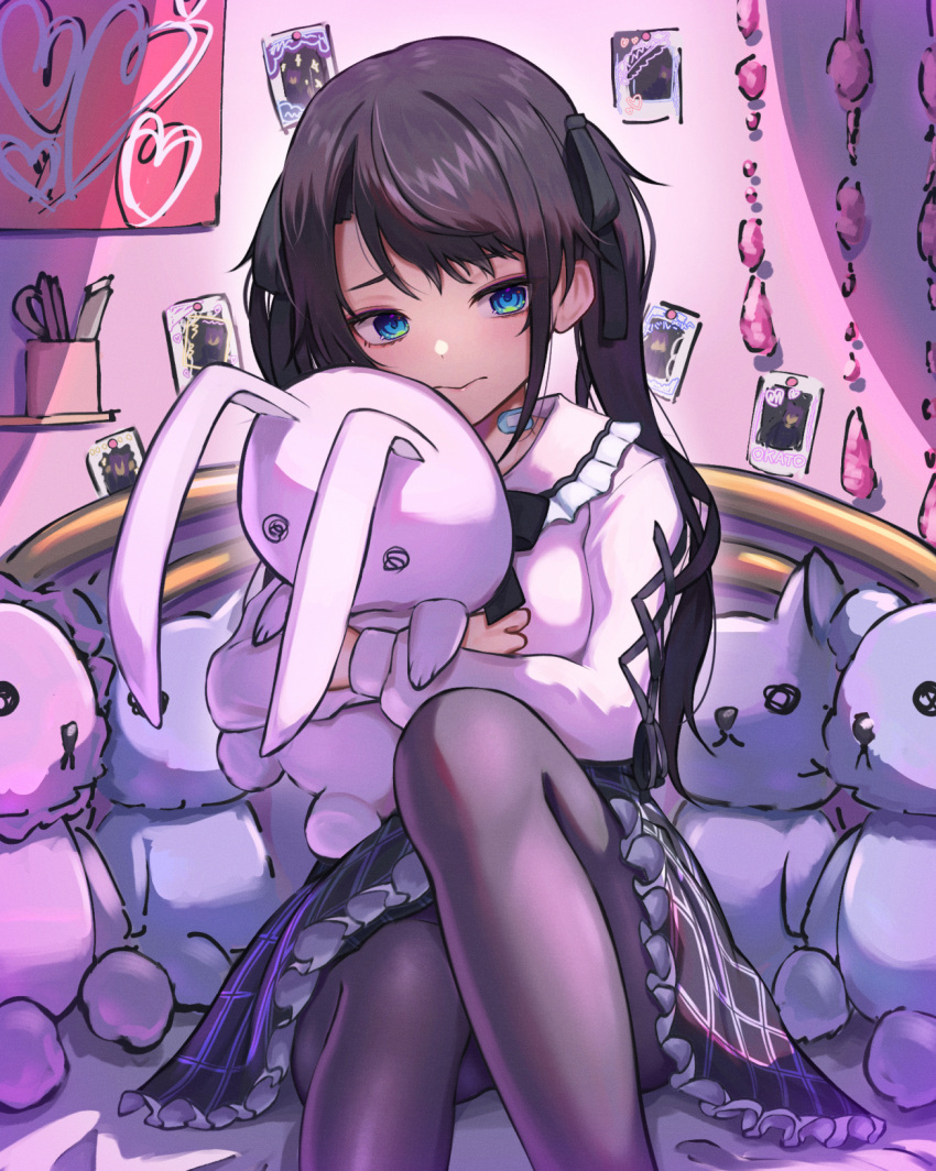 1girl ao_ne bandaid bed bed_frame black_bow black_hair black_ribbon black_thighhighs blue_eyes bow doll_hug facing_viewer frilled_skirt frills hair_ribbon highres holding holding_stuffed_toy hololive indoors long_hair long_sleeves object_hug on_bed oozora_subaru picture_(object) ribbon shirt sitting skirt solo stationery stuffed_animal stuffed_rabbit stuffed_toy teddy_bear thigh-highs twintails two-tone_skirt virtual_youtuber