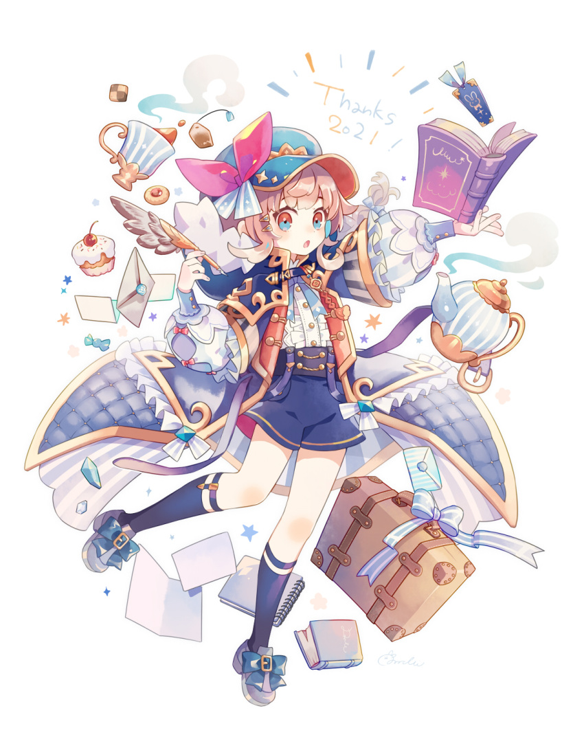 1girl black_socks blue_eyes blue_headwear blue_shorts book brown_eyes brown_hair hair_ornament hairclip highres holding holding_quill kneehighs long_sleeves looking_at_viewer multicolored_eyes open_mouth original quill short_hair shorts simple_background socks solo sorata123 white_background