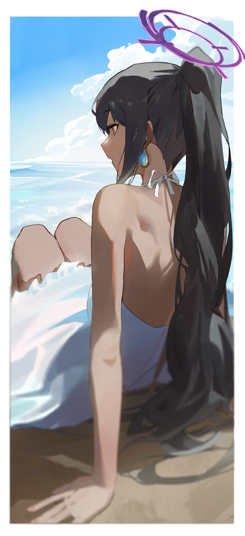 1girl absurdres alternate_costume arm_support back back_cutout bare_back beach black_hair blue_archive blue_sky blurry clothing_cutout clouds cloudy_sky commentary_request dark-skinned_female dark_skin depth_of_field dress earrings from_behind hair_between_eyes halo highres horizon jewelry karin_(blue_archive) kji_(rozo) long_hair ocean outdoors ponytail shoulder_blades sidelocks sitting sky sleeveless solo white_dress yellow_eyes