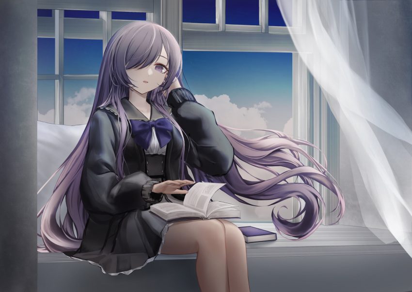 1girl absurdres black_jacket black_sailor_collar black_skirt book bow bowtie commission curtains hair_over_one_eye highres indie_virtual_youtuber jacket long_hair mihaia open_mouth purple_bow purple_bowtie purple_hair sailor_collar shigumo_shia sitting skeb_commission skirt solo very_long_hair violet_eyes