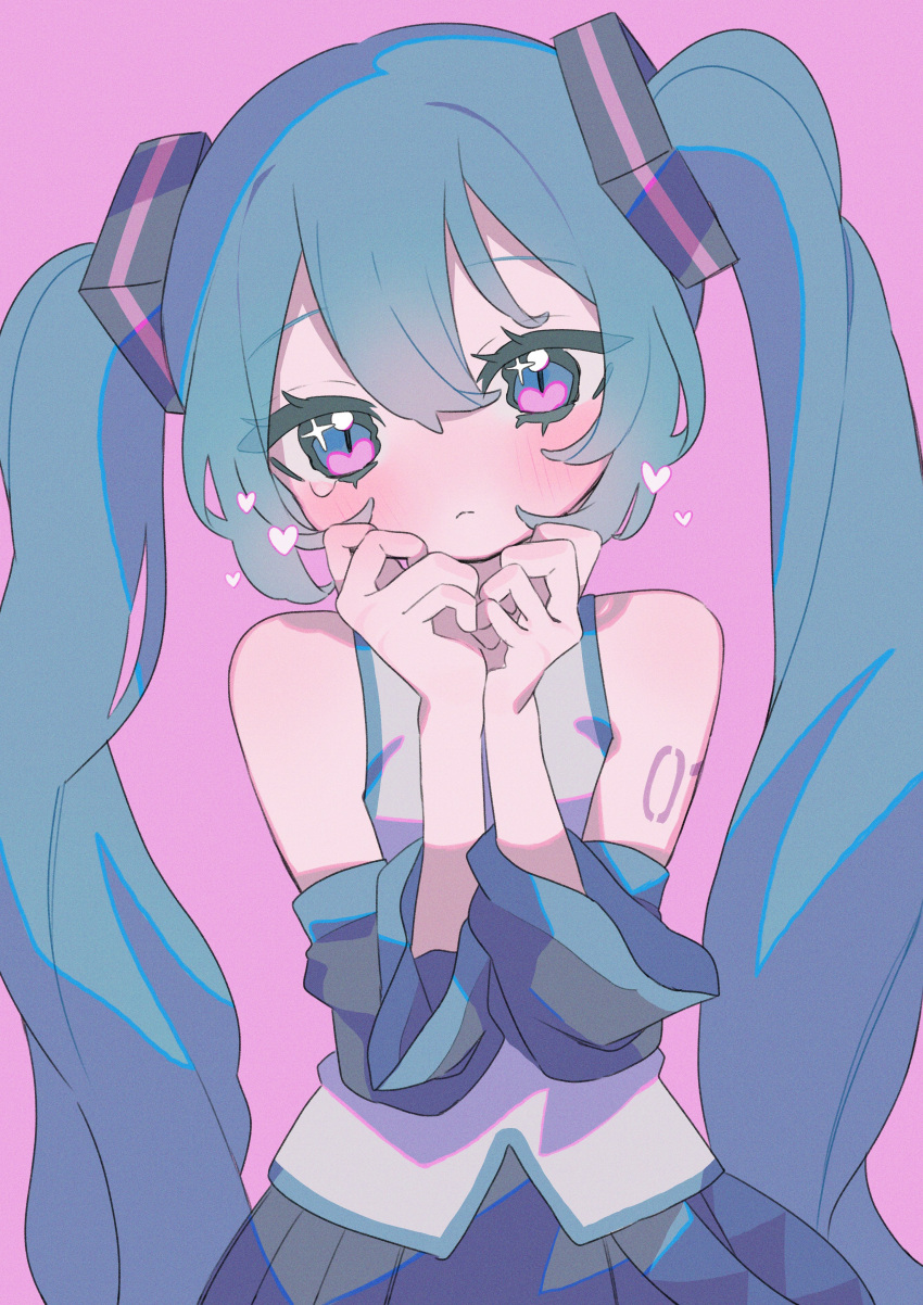 1girl :&lt; absurdres aqua_eyes aqua_hair blush detached_sleeves grey_shirt hakudaku hatsune_miku heart heart_in_eye highres long_hair looking_at_viewer own_hands_together pink_background shirt simple_background skirt sleeveless sleeveless_shirt solo sparkling_eyes symbol_in_eye tearing_up twintails upper_body very_long_hair vocaloid