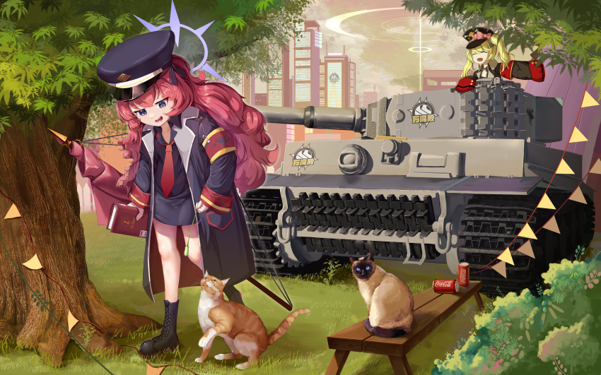 :d absurdres armband bench black_eyes black_footwear black_shirt black_skirt blonde_hair blue_archive blurry boots building can cat coca-cola collared_shirt commentary_request depth_of_field flag grass hair_between_eyes halo hat highres holding holding_flag ibuki_(blue_archive) iroha_(blue_archive) knee_boots long_hair long_sleeves looking_at_another looking_at_viewer military_vehicle motor_vehicle necktie outdoors park park_bench peaked_cap pencil_skirt red_armband red_necktie redhead riding safety_pin school_uniform shirt sidelocks skirt skyline skyscraper sleeves_past_fingers sleeves_past_wrists smile soda_can tank tiger_i tree twintails walking wavy_hair wide_sleeves xg_epee