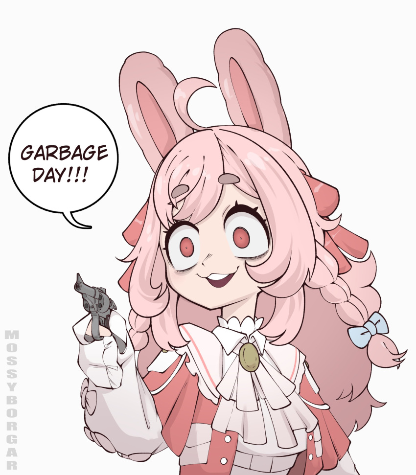 1girl :3 :d absurdres ahoge aiming alternate_costume animal_ears artist_name ascot bags_under_eyes constricted_pupils english_text gun hair_ornament hand_up highres jacket long_hair mossyartburger open_clothes open_jacket phase_connect pink_hair pipkin_pippa rabbit_ears rabbit_girl red_eyes red_jacket revolver sanpaku scene_reference short_eyebrows silent_night_deadly_night_part_2 simple_background sleeves_past_fingers sleeves_past_wrists smile speech_bubble thick_eyebrows upper_body virtual_youtuber weapon white_background