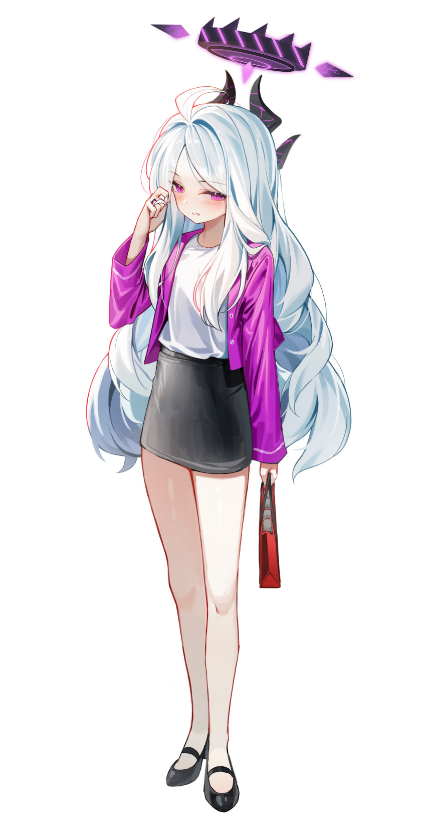1girl absurdres ahoge alternate_costume bag black_skirt blue_archive casual commentary_request demon_girl demon_horns forehead full_body halo high_heels highres hina_(blue_archive) holding holding_bag horns jacket long_hair long_sleeves looking_at_viewer open_clothes open_jacket parted_bangs pencil_skirt purple_jacket shirt shopping_bag sidelocks simple_background skirt solo standing strappy_heels sugar_(dndi888) violet_eyes wavy_hair white_background white_hair white_shirt