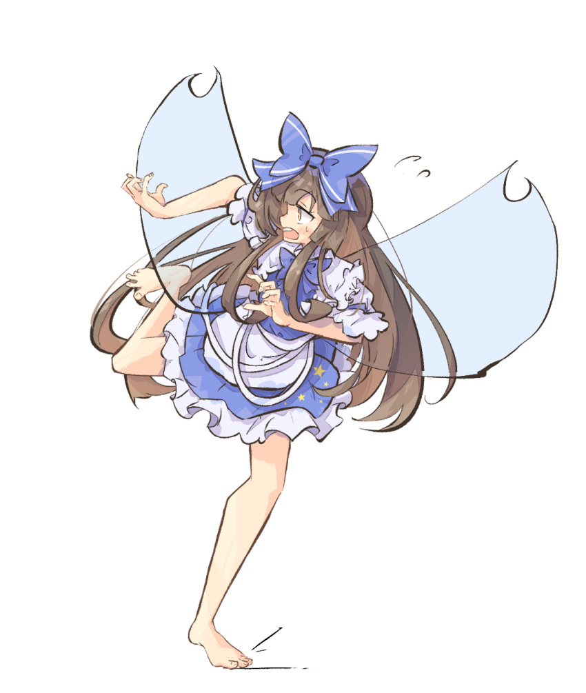 1girl apron blue_bow blue_dress blunt_bangs bow brown_hair dress flying_sweatdrops frilled_dress frills full_body hair_bow hands_up highres hime_cut leg_up long_hair looking_to_the_side maid_apron primsla profile puffy_sleeves short_sleeves sidelocks simple_background slipping solo standing standing_on_one_leg star_(symbol) star_sapphire touhou white_background wings