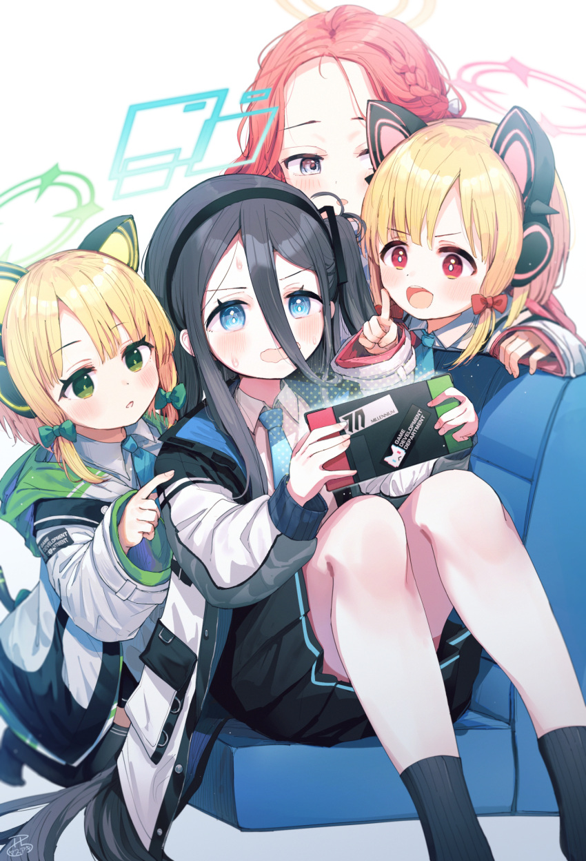 4girls :d animal_ear_headphones animal_ears aris_(blue_archive) black_hair blonde_hair blue_archive blue_eyes blue_necktie braid cat_ear_headphones cat_tail coat collared_shirt commentary_request couch fake_animal_ears forehead french_braid green_eyes hair_between_eyes hair_ribbon halo handheld_game_console headphones highres holding holding_handheld_game_console knees_together_feet_apart knees_up long_hair long_sleeves midori_(blue_archive) momoi_(blue_archive) multiple_girls necktie nishi_yasuaki on_couch one_side_up open_clothes open_coat parted_lips pointing red_eyes redhead ribbon school_uniform shirt short_hair sidelocks simple_background sitting smile tail tress_ribbon violet_eyes watching white_background white_coat white_shirt yuzu_(blue_archive)